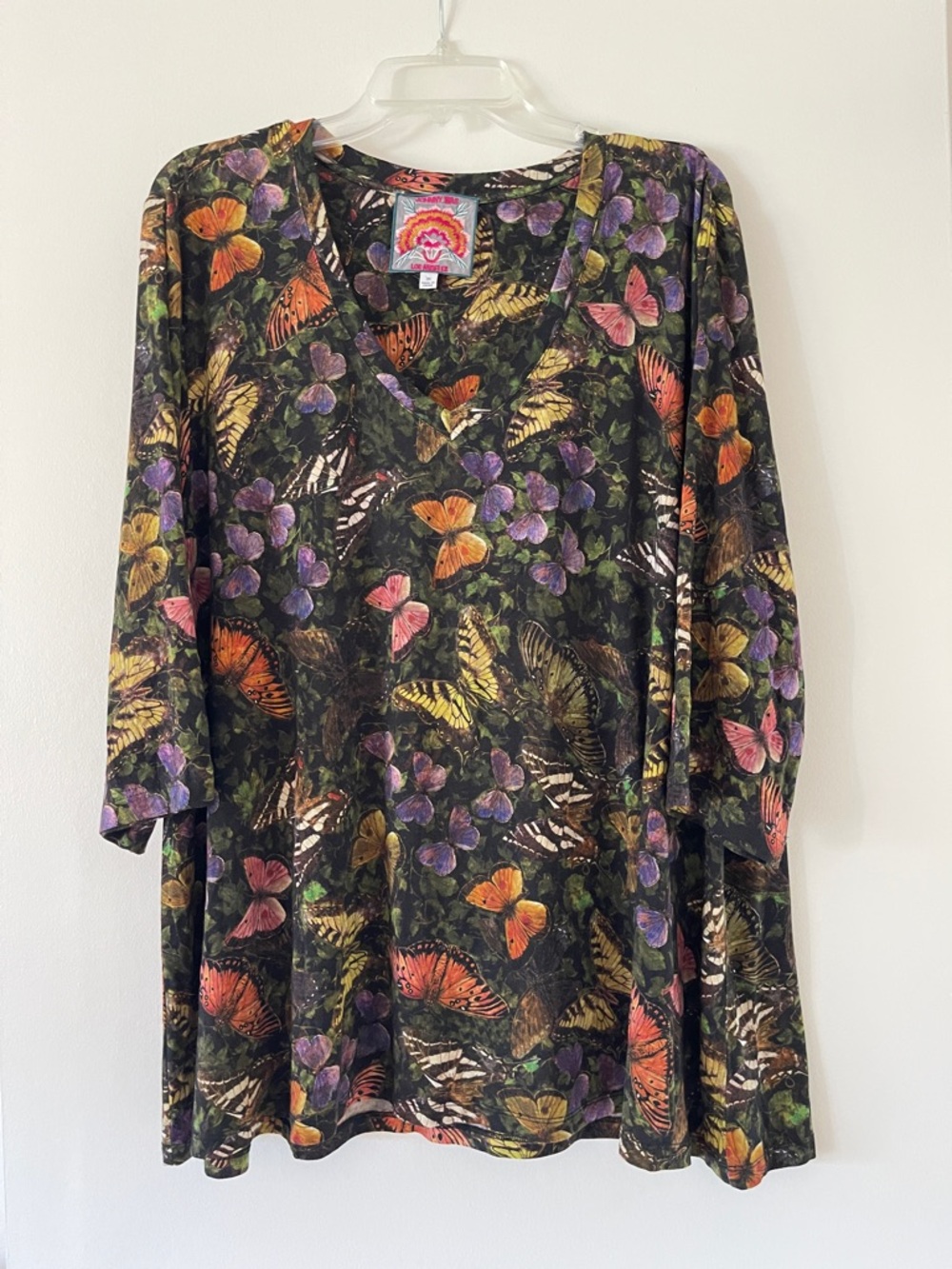 Johnny Was Black Tunic with Pink, Yellow and Orange Butterfly Print